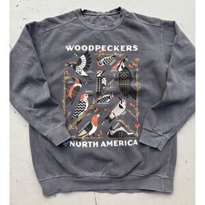 Men's Woodpeckers Sweatshirt Gray Spell-Out L Birds Collective HOLE STAINED USA